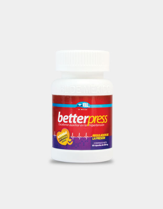 <strong>Better Press</strong> es una mezcla de los mejores ingredientes naturales con gran actividad reguladora de la presión, excelente auxiliar en casos de hipertensión.<br><br>Los ingredientes de <strong>Better Press</strong> tienen actividad cardiotónica, sedante, vasodilatadora coronaria, vasoprotectora, reguladora de los ritmos cardiacos.<br><br><strong>Indicaciones:</strong> Presión arterial alta (hipertensión), arritmias, taquicardias, palpitaciones, dolores anginosos, arteriosclerosis (endurecimiento de las arterias), espasmos vasculares, prevención de trastornos coronarios.
